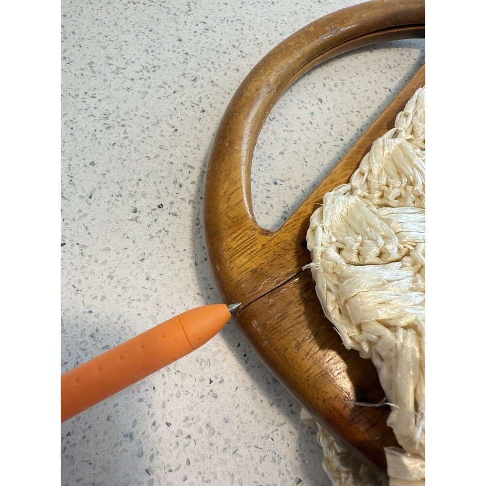 Vintage Purse Woven Straw Raffia Handbag Floral Wooden Handle Cream 1960's - Picture 5 of 13